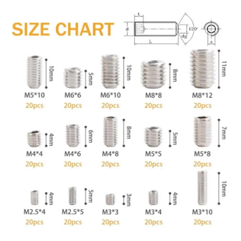 

306pcs Stainless Steel Allen Head Headless Screws Wrench Assortment Kit Repair Outfit Accessories Household tool accessories