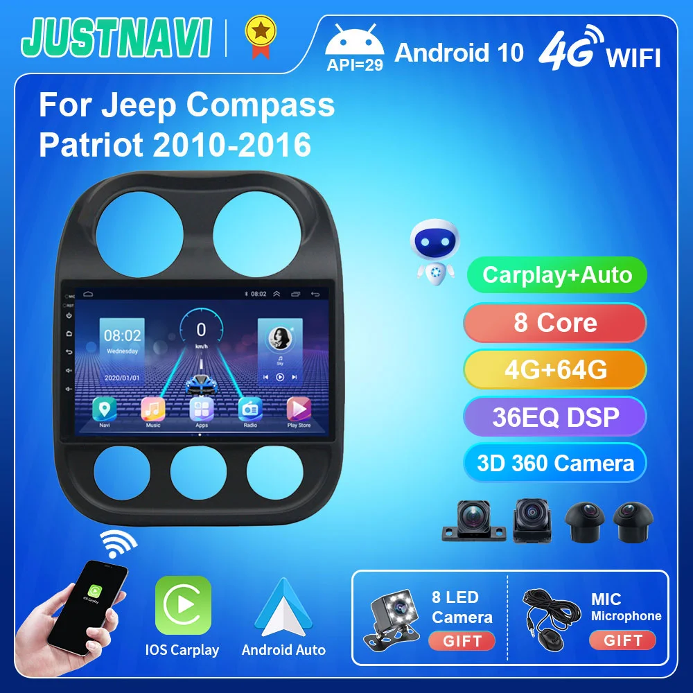 Автомобильный радиоприемник JUSTNAVI QT5 для Jeep Compass Patriot 2010-2016, стерео приемник, навигация GPS, 10 дюймов, 4 ГБ, 64 ГБ, Автомобильный плеер, DVD, Android 10