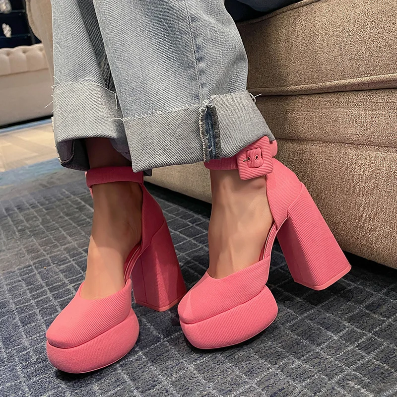 

2023 Luxury Platform Women's Sandals Chunky Heel Mary Jane Shoes Hollow Baotou Sandals High Heel Ankle Sexy Office Fashion Shoes