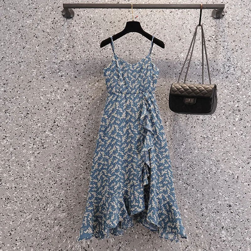 

Summer 2023 New Add Blue Color Chiffon Pleated Sleeveless Women's Midi Dress Backless Lady Cake Dress Sexy Suspender Dresses