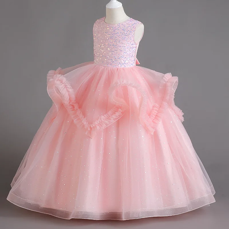 

2023 new High-end Girls evening dress Sequin Sleeveless Fluffy yarn Party Wedding Dress Flower Girls Teens Princess long dress