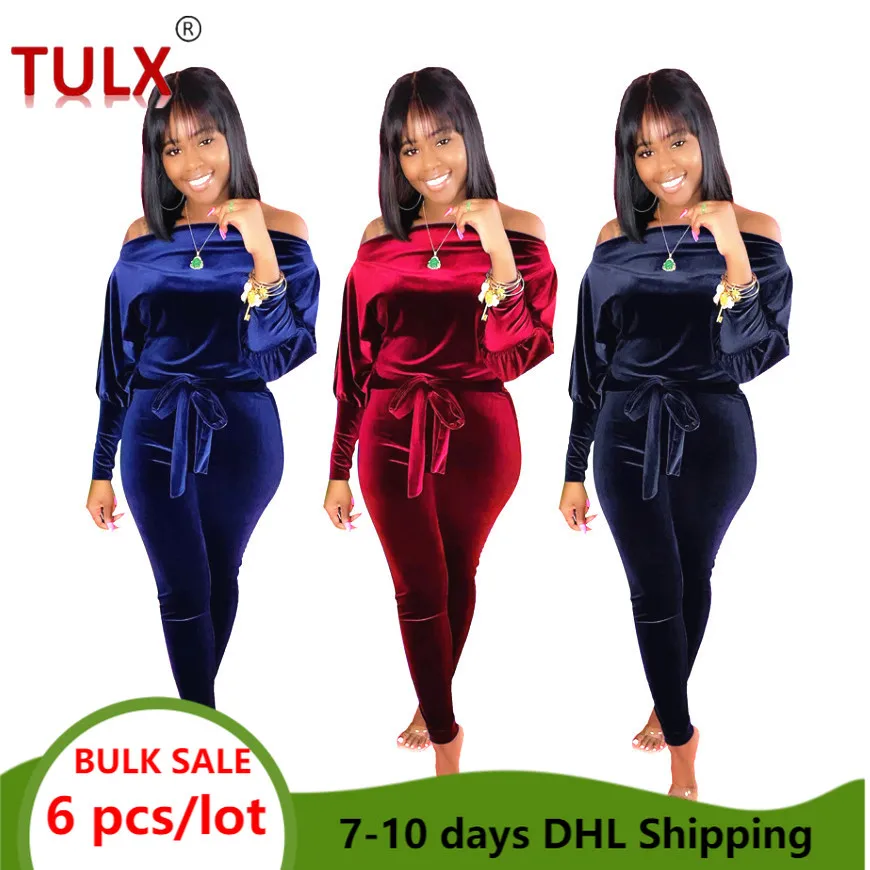 

Fall Winter Velvet Jumpsuits and Sashes Solid Slash Neck Long Sleeve Jumper Suit Sexy Velour Outfit One Piece Pants Set 6760