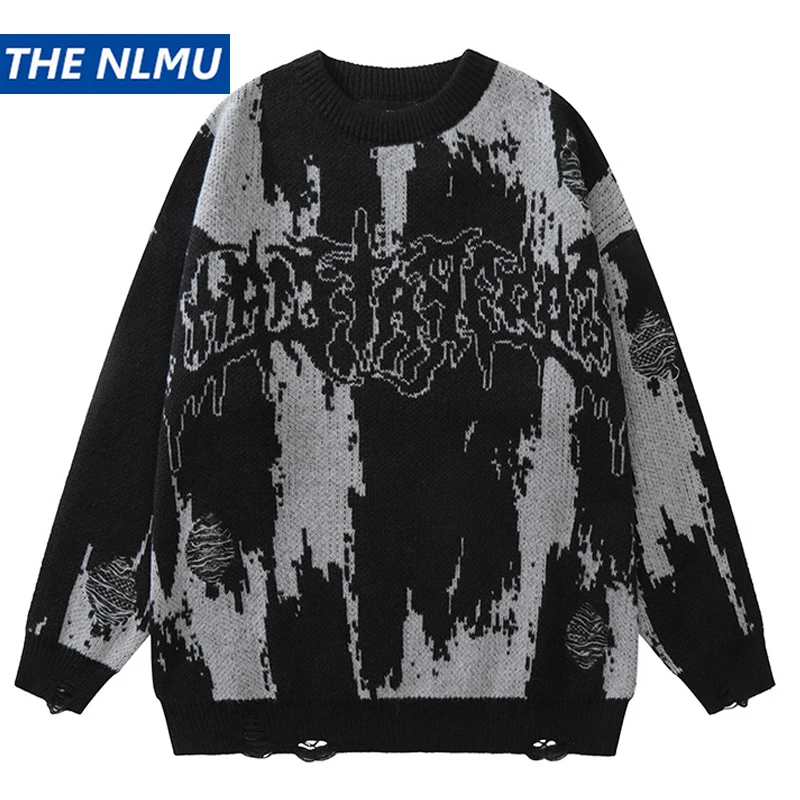 

Hip Hop Knitted Sweaters Men Women Destroyed Hole Knitwears Tie Dye Letter Retro Knitted Pullover Jumper Loose Streetwear