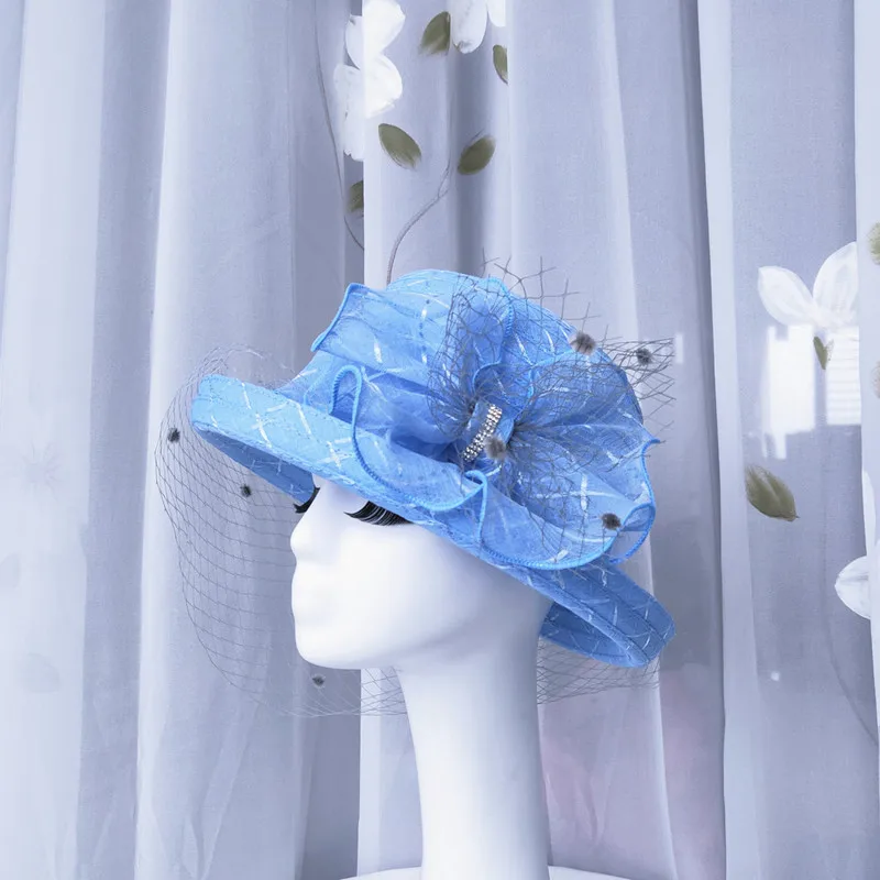 Lady Organza Fedoras Hat Elegant Wide Brim Organza Hat Women British Style Flower Decoration Kentucky Derby Hat