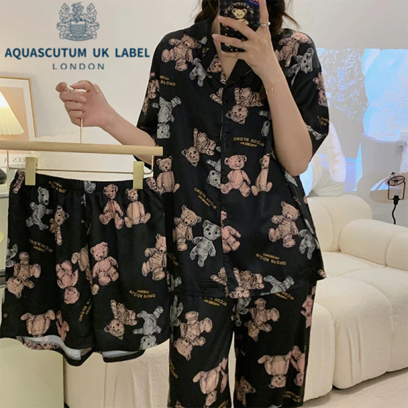 

Aquascutum Ice and snow silk three piece cardigan Lapel short sleeve Shorts PAJAMAS women's fashion leisure home clothes