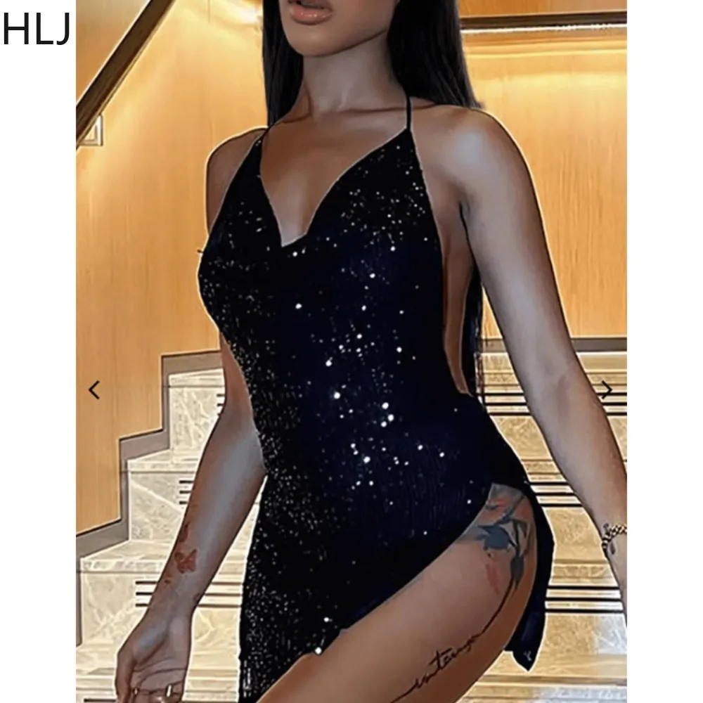 

HLJ Black Sexy V Neck Sleeveless Side Slit Party Nightclub Dress Women Sequin Thin Strap Suspended Dress Summer Halter Vestidos