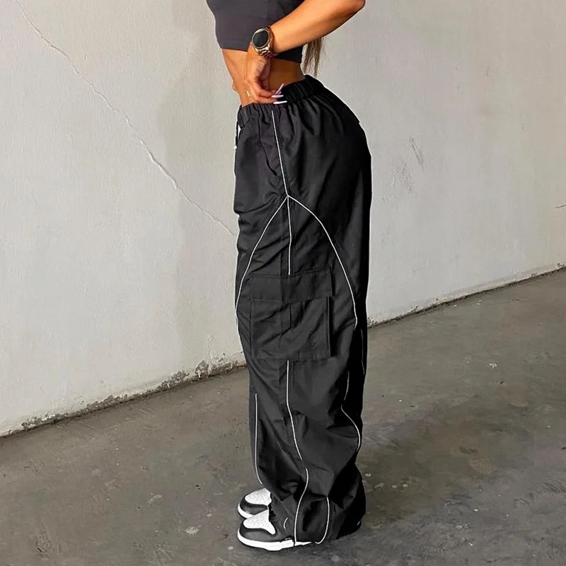 Summer New Spice Girl Sports Fashion Elastic Band High Waist Multi Pocket Loose Casual Pants White Black Tide Europe America
