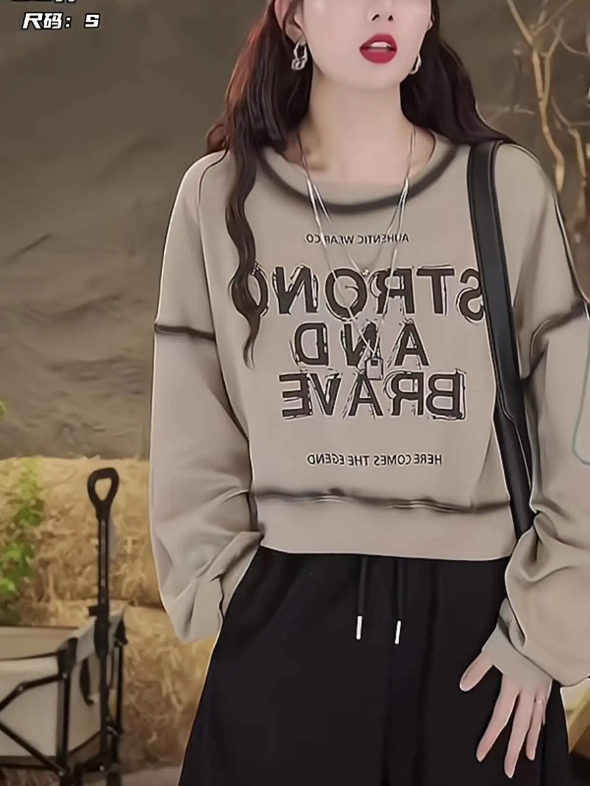 Plus Size Retro Handmade Spray Dyed Loose Casual Short Hoodie Women round Neck Letter Long sleeve Top 2024 Autumn New