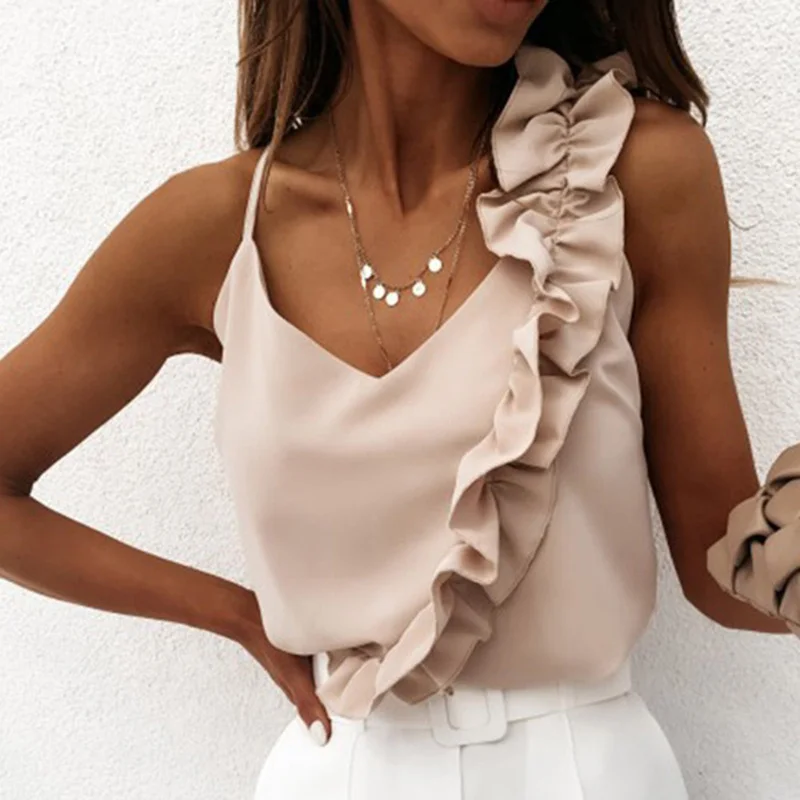 

Women Summer Blouse Shirts Sexy v Neck Ruffle Blouses Backless Spaghetti Strap Office Ladies Sleeveless Casual Tops