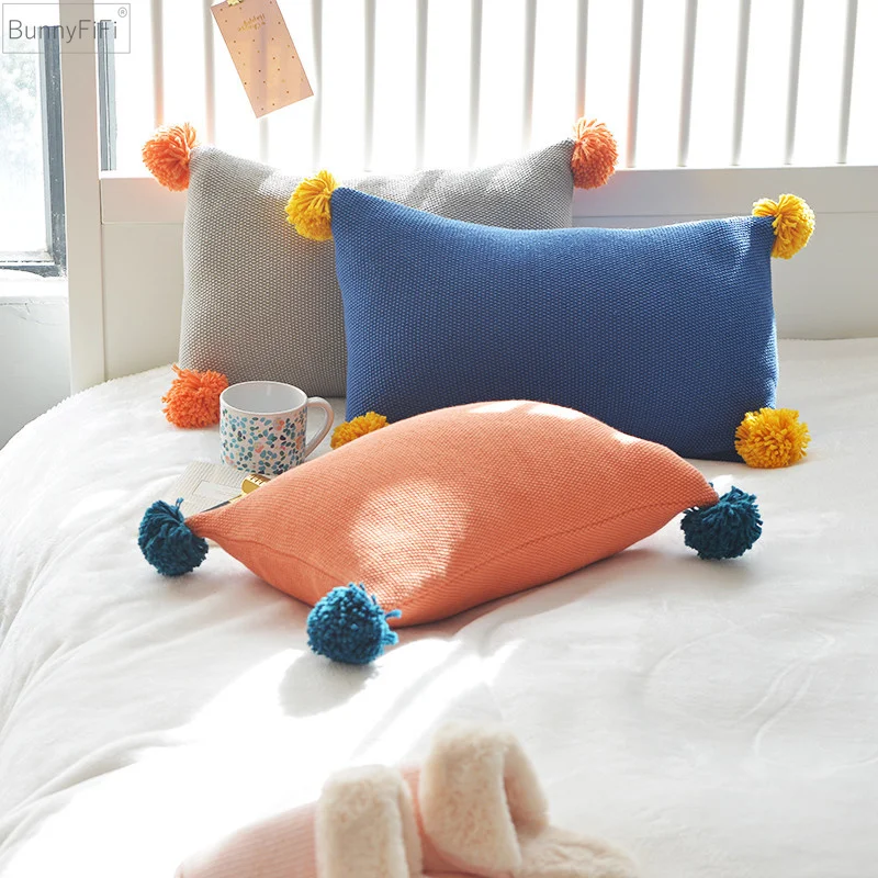 

Knit Cushion Cover Solid Grey Blue Orange Pillow Case 35*50cm Pompom Ball Cushion Case Soft Sofa Bed Nursery Room Decorative