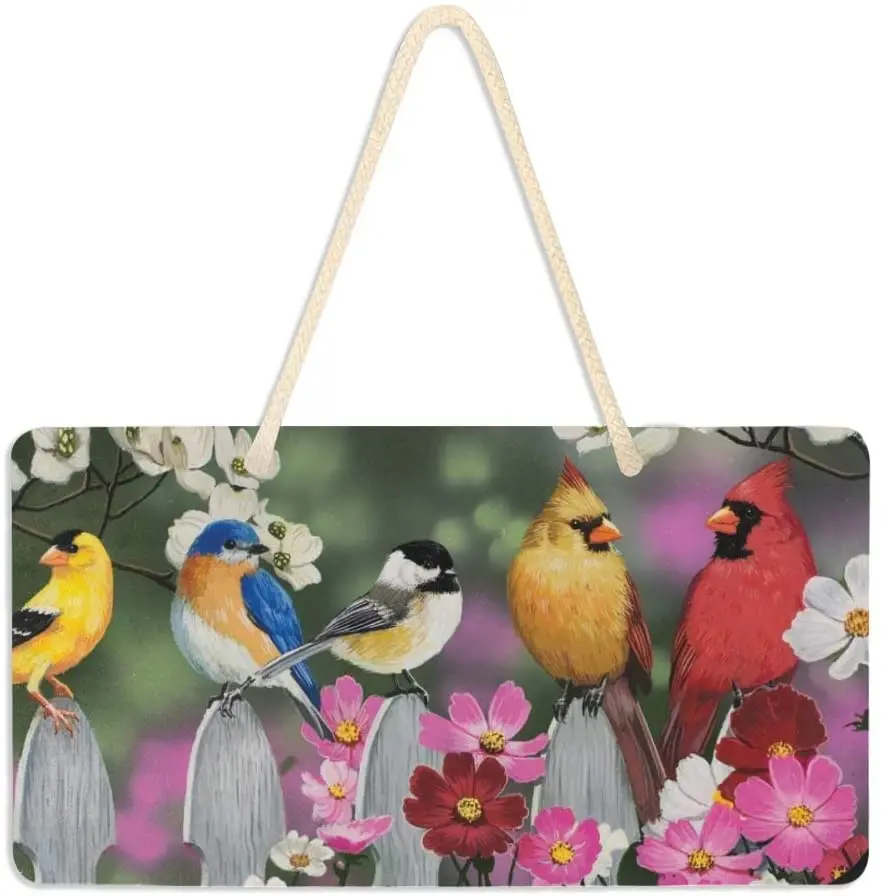 

Flower door plaque bird fence flower summer country wall sign courtyard indoor and outdoor garden decoration with hanging rope