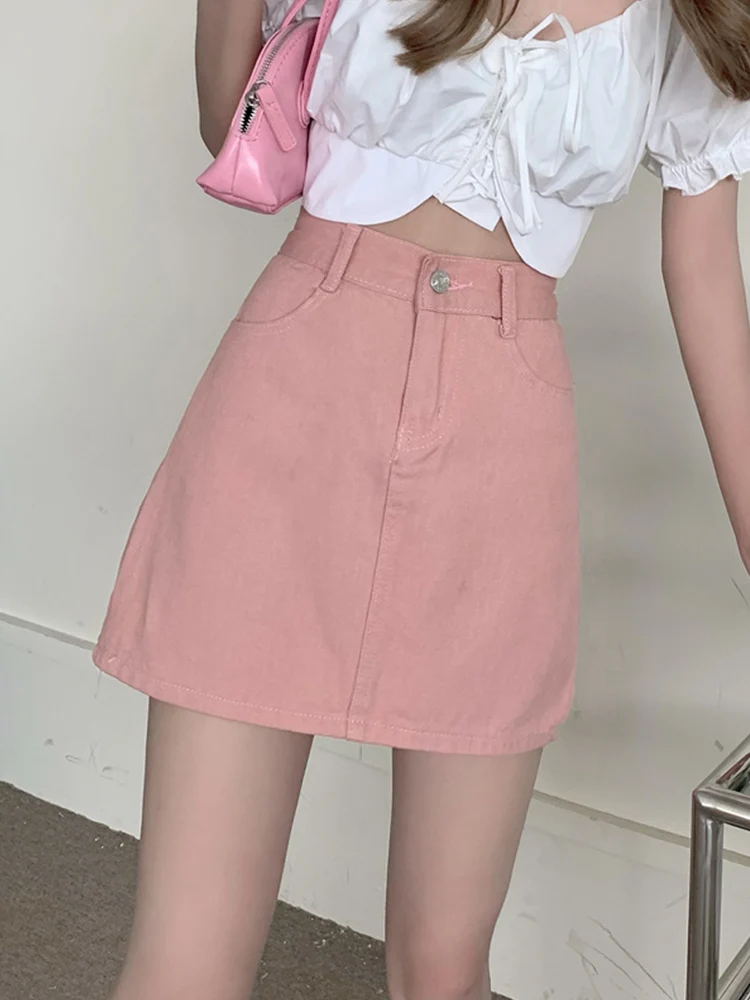 

New Spring Summer Women High Waist Slim Fit Pink Denim Skirt Streetwear Female A-line Button Mini Jeans Skirts Bottoms