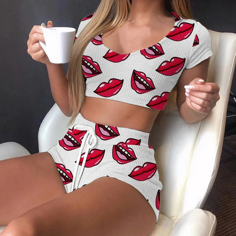 

Sexy 2-Piece Set Bralette Crop Top and Shorts Sport Streetwear Hot Girls Tracksuit Set Slim Fits Printed Casual Short Loungewear