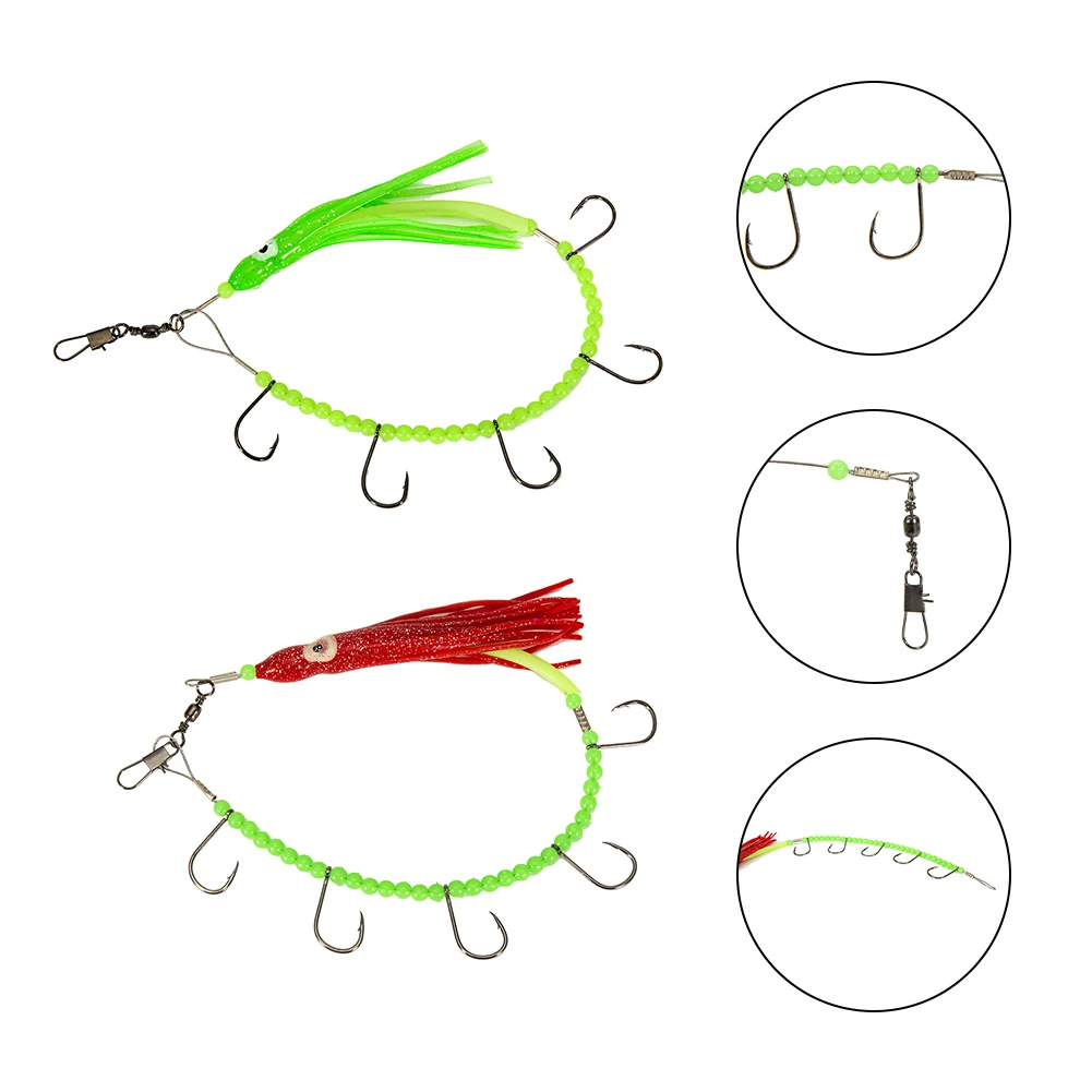 

Luminous Squid String Hook 5 Hooks Squid Rig Bait With Fishing Bead Silicone Skirt Lure Catch Hook High Quality