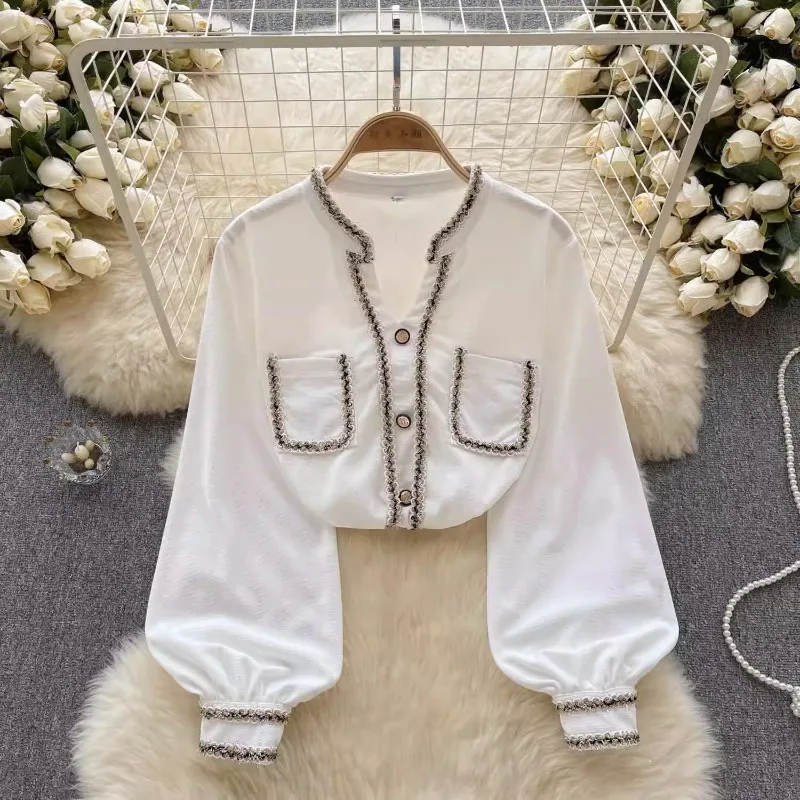 

French Chic Elegant Blusen Damen Casual Pocket Patchwork Loose Blouse Women Blusas Skinny Long Sleeve Blouses Woman Dropship