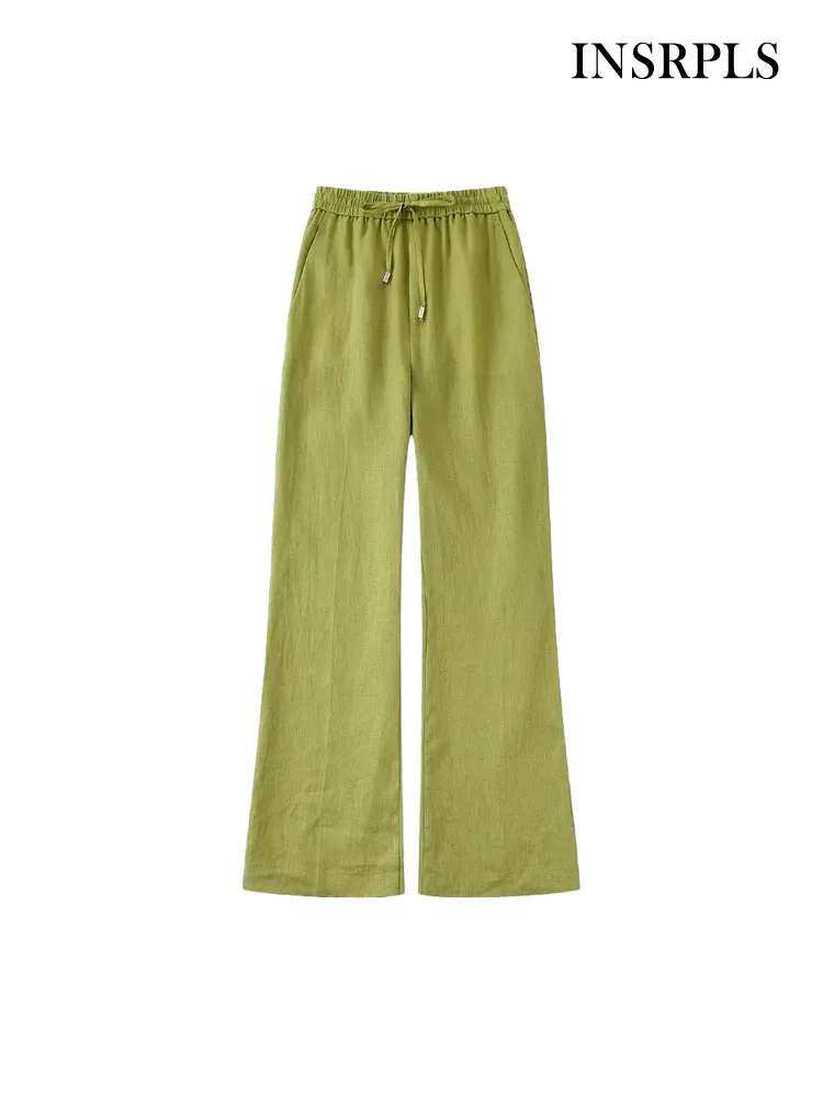 

INSRPLS женские модные льняные широкие брюки с передними карманами винтажные женские брюки с высокой эластичной талией и кулиской