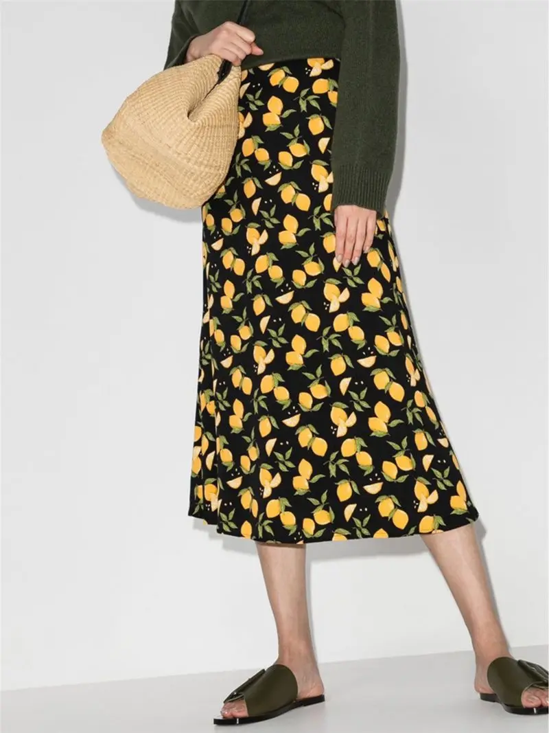 

100% Viscose Women A-Line Midi Skirt Lemon or Floral Print High Waist Ladies Fashion Holiday Long Skirts 2021 New