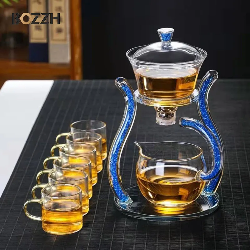 BOZZH Crystal Glass Teapot Set Glass Automatic Lazy Tea Set Heater Magnetic Rotating Cover Kung Fu Heat-Resistant Teapot 6 Cups