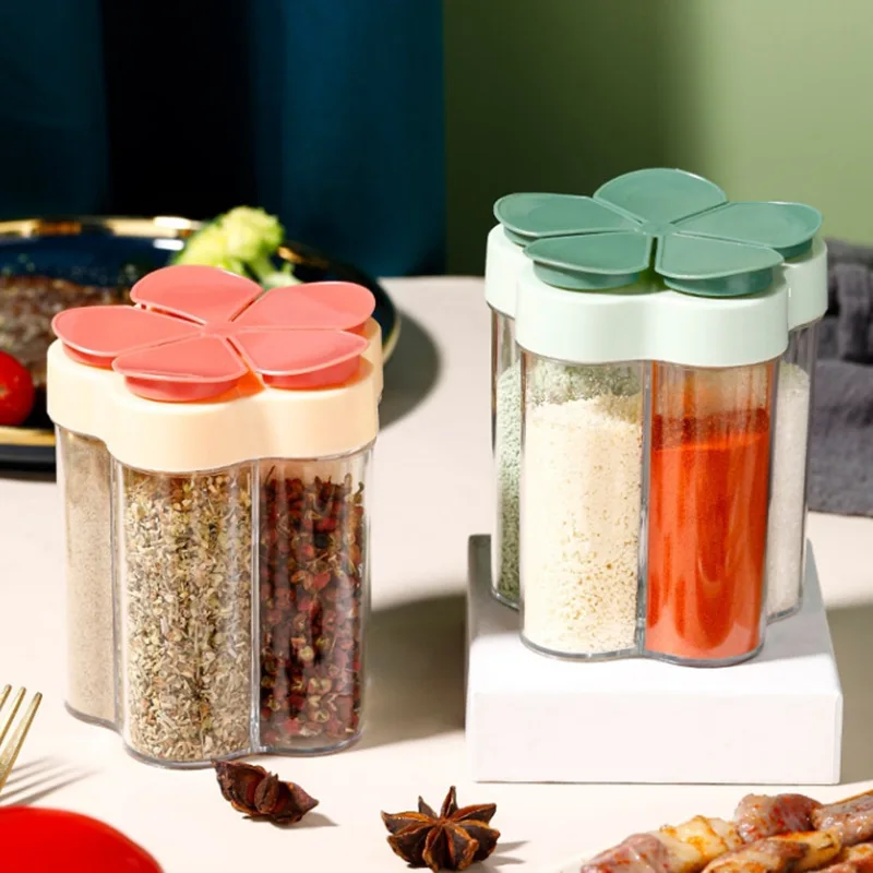 

4 In 1 Plastic Salt and Pepper Shaker Box Spice Dispenser Jar 4 Compartment Camping Seasoning Jar with Lids for Cooking BBQ