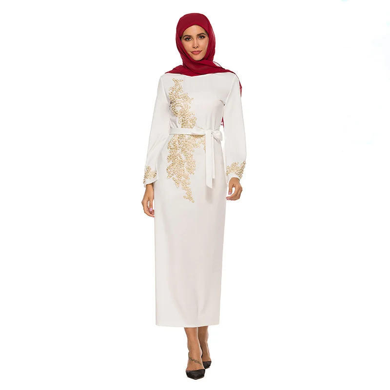 Robe Femme Musulmane Muslim Fashion Popular Fashion Elegant Embroidery Dress Lace Pin Bead Flared Sleeve Lace Long Dress Belt