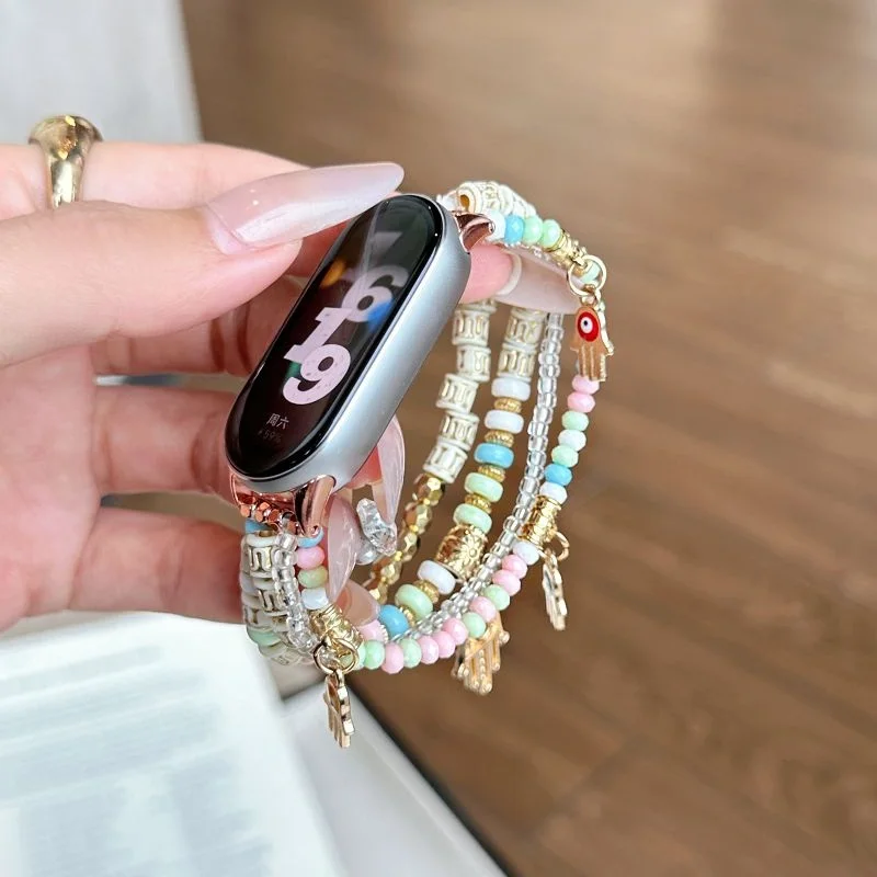 Фото Браслет из бисера для умных часов Xiaomi Mi Band 9, сменный ремешок, женский браслет ручной работы, эластичный эластичный браслет Correa для Mi Band 8 №1