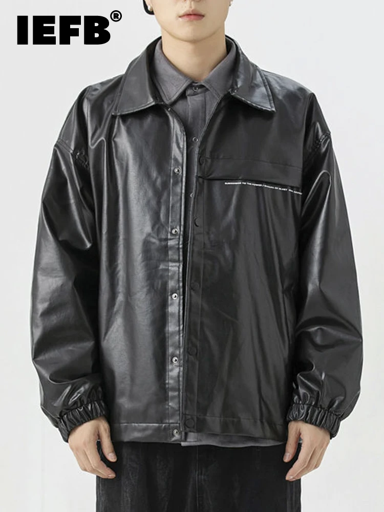 

IEFB Autumn Letter PU Leather Men Jacket 2022 Solid Color Turn-down Collar Zipper Male Tops Long Sleeve Darkwear 9A4503