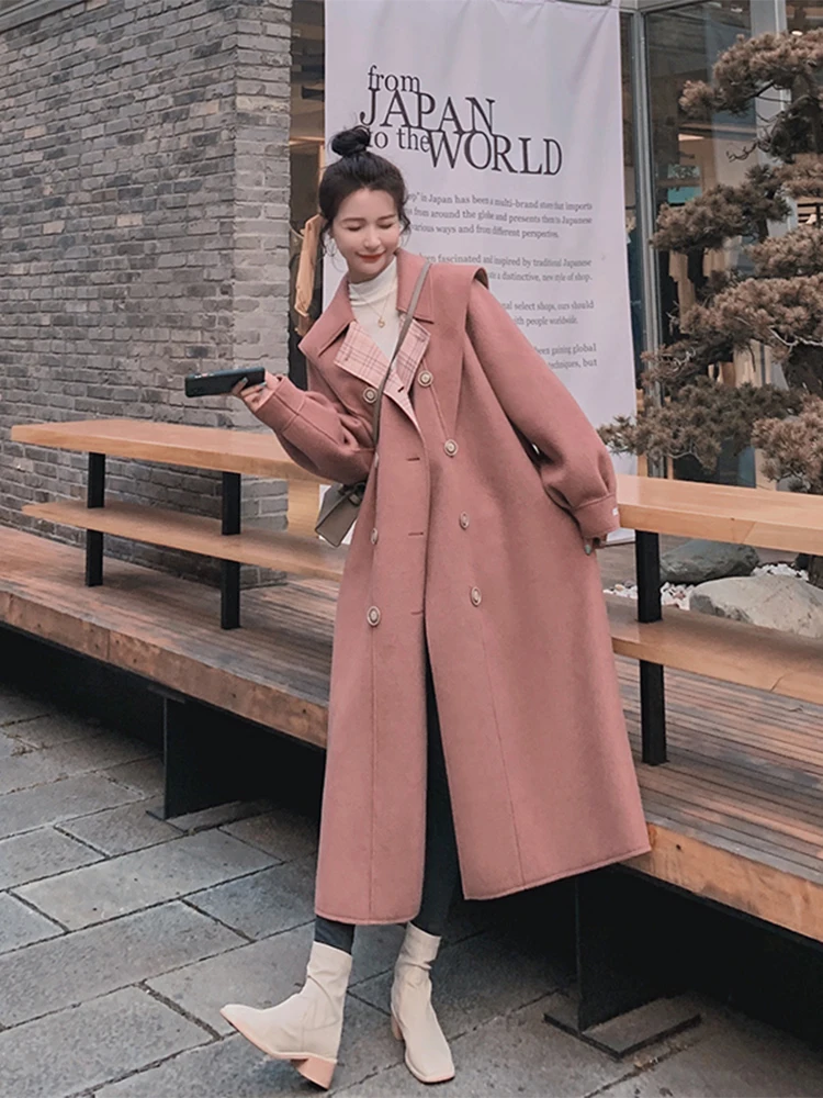

Women 2022 Spring Autumn Wool Blends Solid Sashes Coat Female Long Double Breasted Woolen Jackets Casual Elegant Overcoat C33