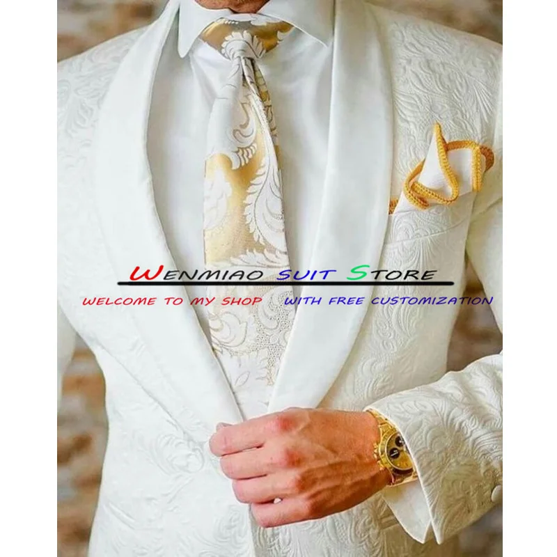 Whit Jacquard Groomsmen Groom Tuxedos Custom Made Shawl Lapel Men Suits Wedding Prom Best Man Blazer Jacket with Pants Set