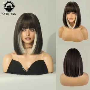 Imported Short Straight Synthetic Wigs for Women Black With Blonde Bob Wigs with Bangs Daily Cosplay For Part