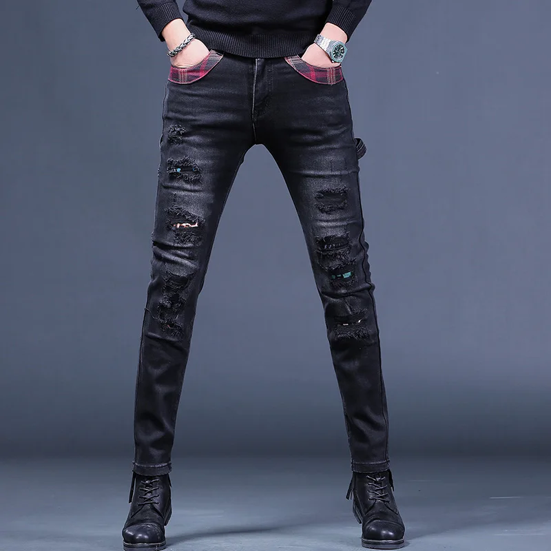 Men Ripped Patches Black Jeans Autumn Mens Slim Fit Pencil Pants Streetwear Fashion Plaid Patchwork Stretch Denim Trousers