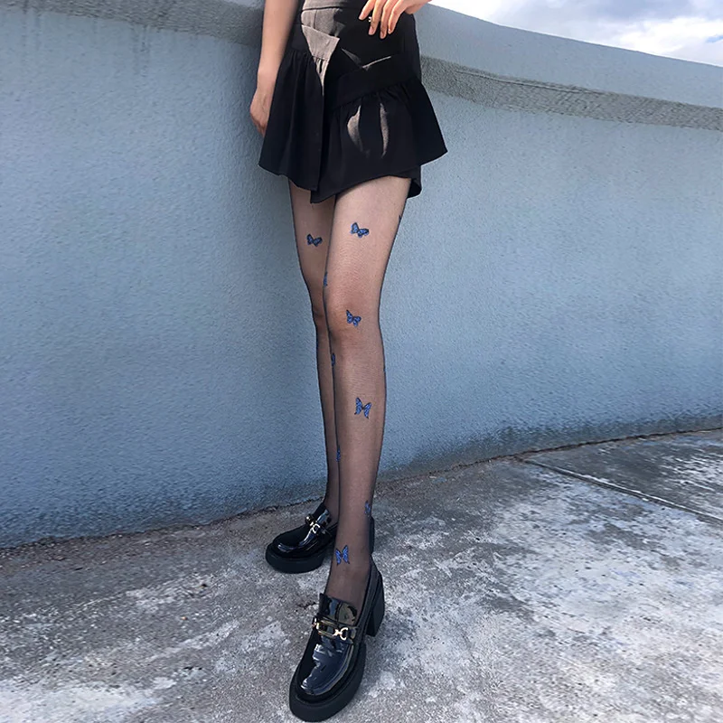 SP &amp CITY/Синие сексуальные черные колготки с принтом бабочки женские тонкие