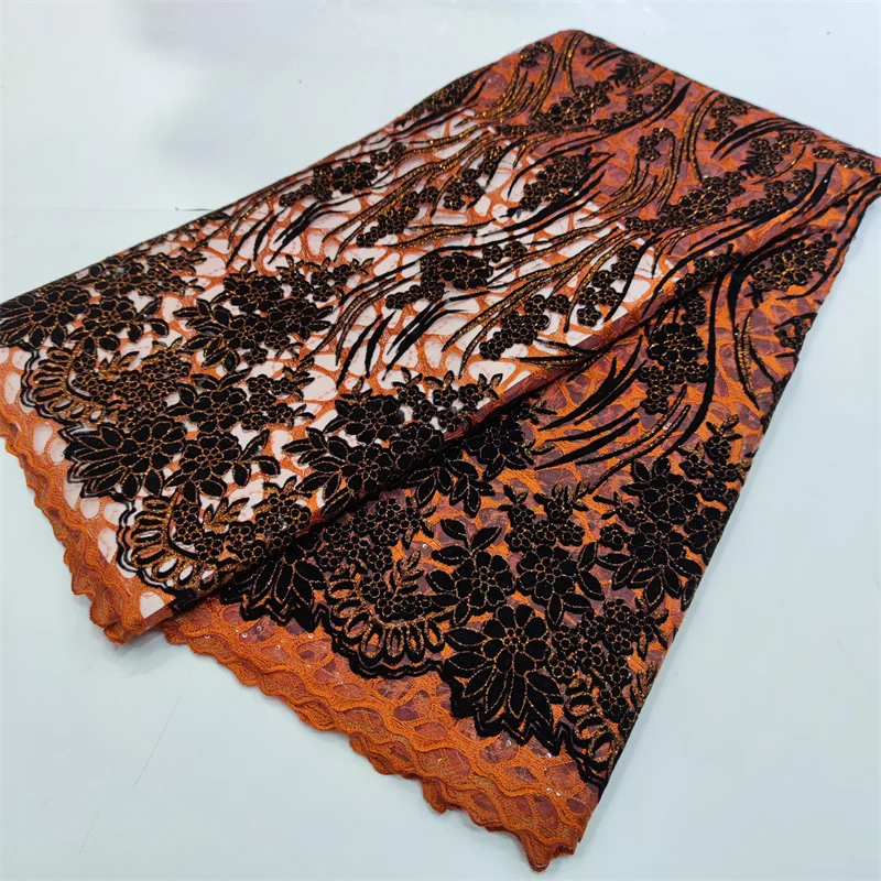 

African Orange Cord Mesh Tulle Fashion 5 Yards Fabric 2022 High Quality Sequins Lace Nigerian Woman Prom Dress Sewing Material