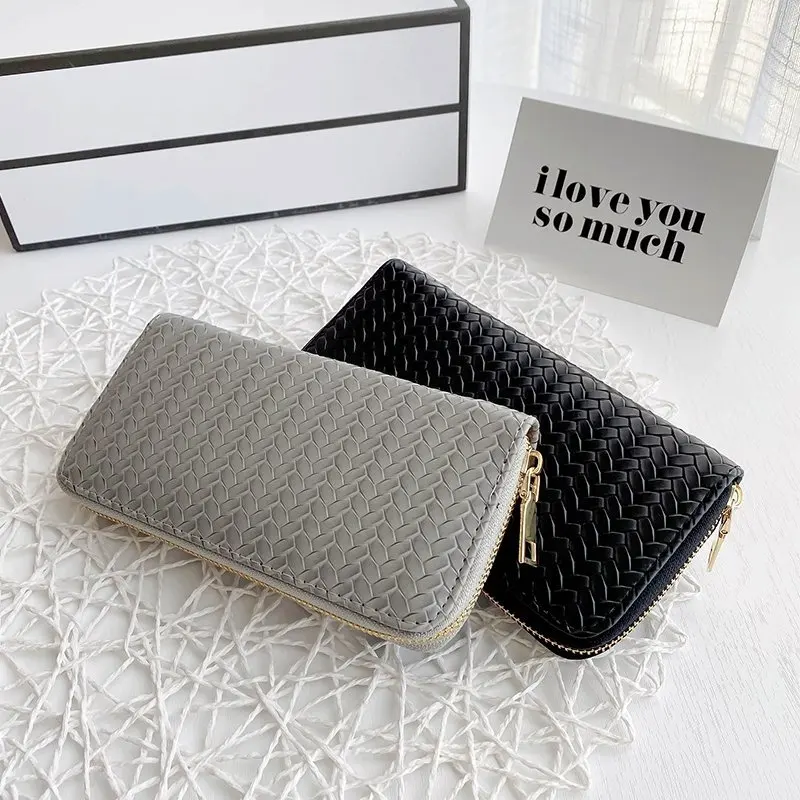 

2022 Women Weave Wallet Leather Wrist Handle Phone Case Long Section Money Pocket Pouch Handbag Women Purse Card Holder Wallet