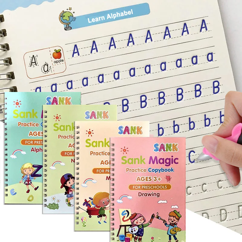 

4 Books/Sets of Children's Magic Books, Reusable 3D Calligraphy Copybook, English Number Lettering Magic Practice Copybook
