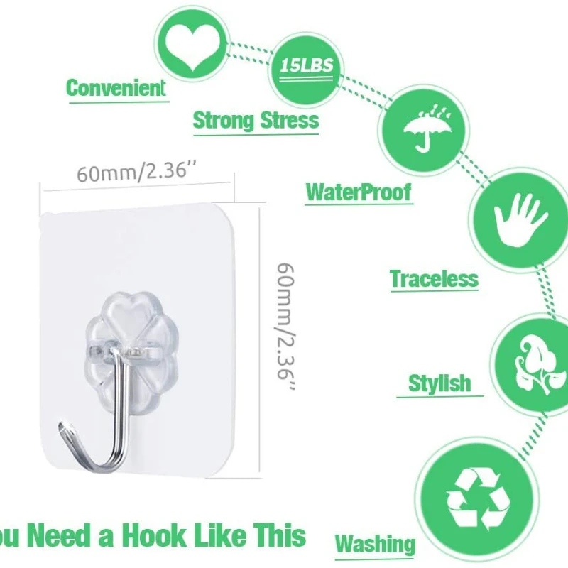 

Strong Self Adhesive Hooks Stick on Hooks Transparent Nail Free Hooks Reusable Ceiling Hanger Sticky Waterproof and Oilproof