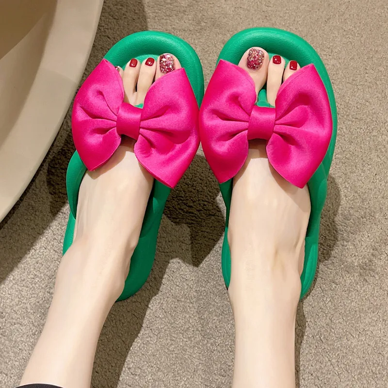 Bow tie Flip Flops Soft Sole Cloud Slippers Woman Summer Platform Flat Heels Sandals Women Slides Bowknot Outdoor Beach Shoes