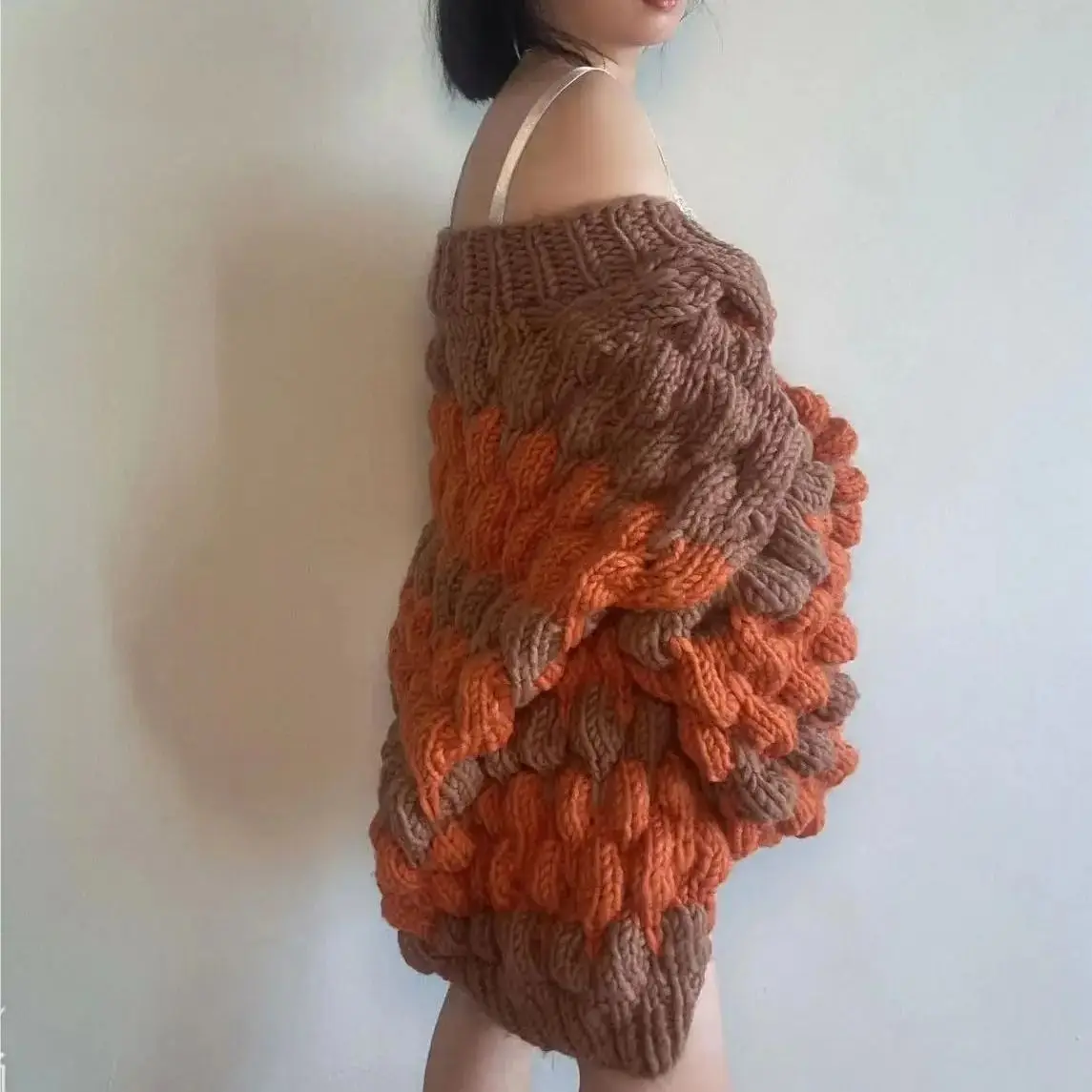 Женский вязаный кардиган свободный толстый свитер с рукавами-пузырьками и