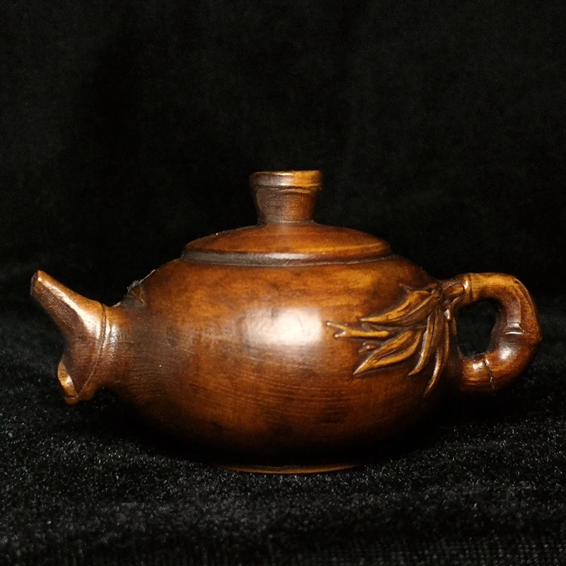 

YIZHU CULTUER ART 3in Old Chinese boxwood hand carved bamboo flower pot kettle shape Fengshui table decoration Gift collectable