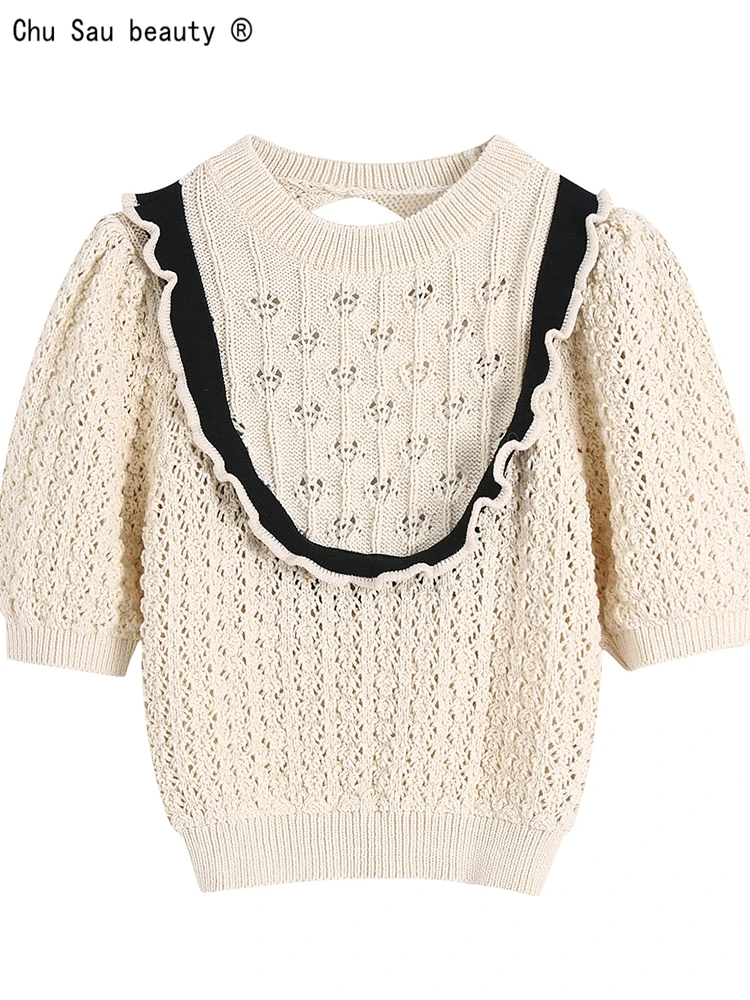 

ZA 2022 Summer New Fashion Vintage Knit Sweater O-Neck Short Sleeve Ruffle Sexy Backless Hollow Out Pullover For Women