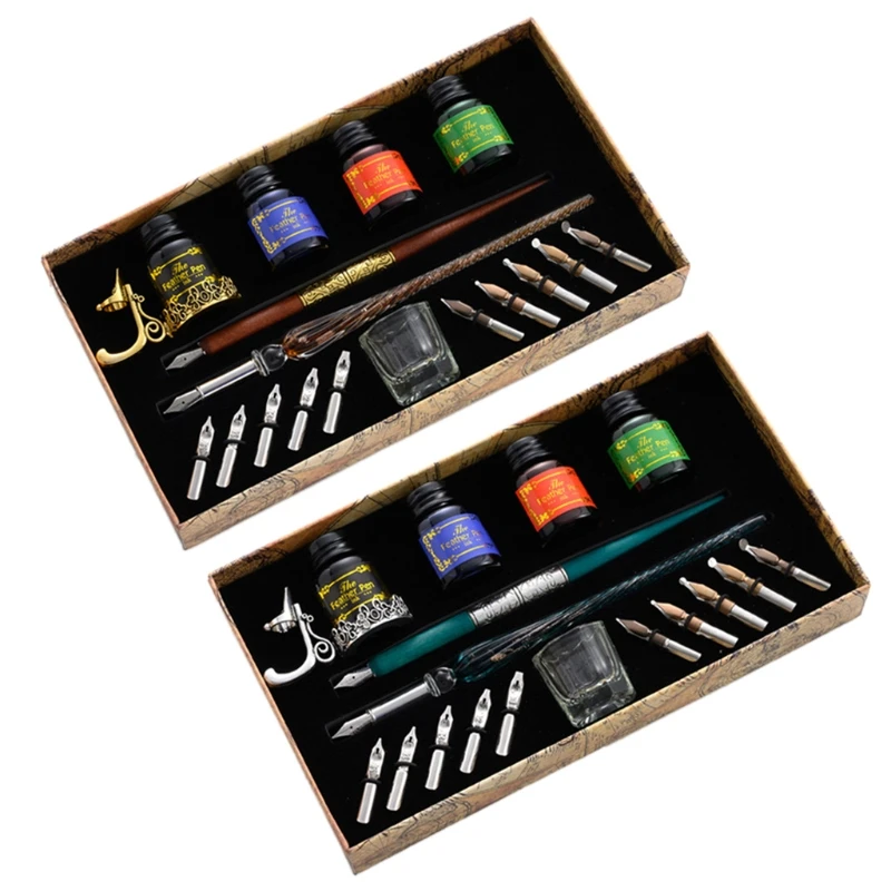 

Vintage Dip Pens Fountain Writing Ink 10 Nibs Pen Holder Gift Box Calligraphy