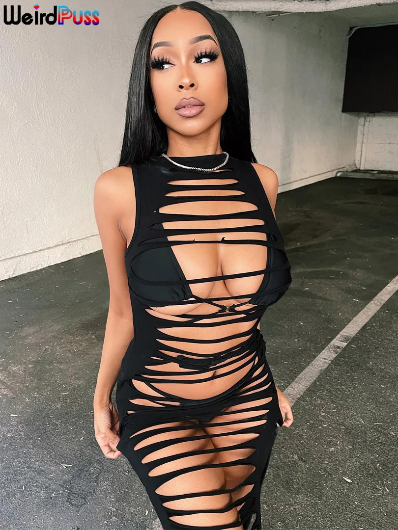 

Weird Puss Hollow Sexy Dress Women Midnight Party Dresses Side Split Round Neck Maxi Sleeveless Bodycon Stretch Skinny Clubwear