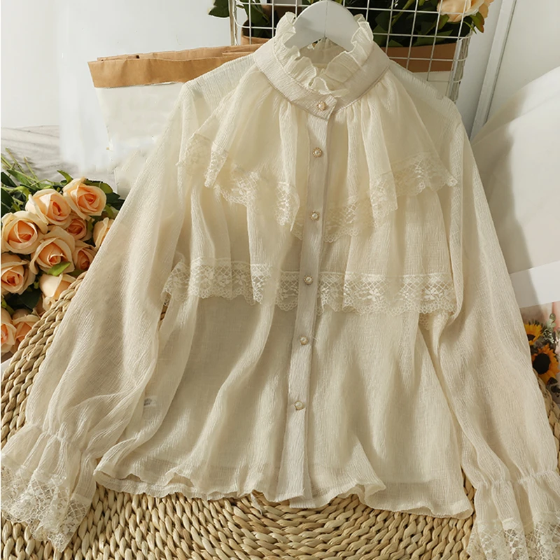 

Осенняя Женская водолазка свободные топы с длинным рукавом Однотонная Повседневная кружевная Лоскутная однобортная женская рубашка Блузы...