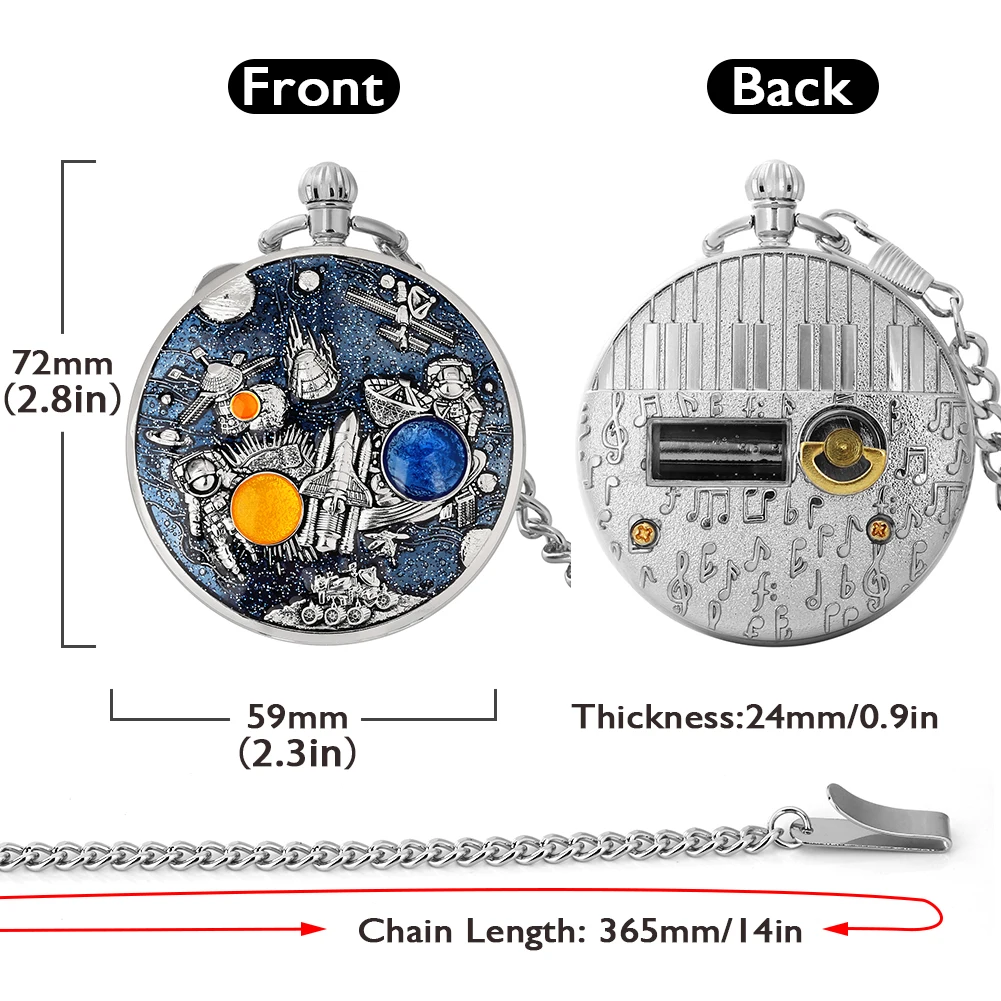 Space Theme Music Pocket Watch Original Men Quartz Chain Clock Women Music Necklace Watches Unique Couples Collectibles Gift