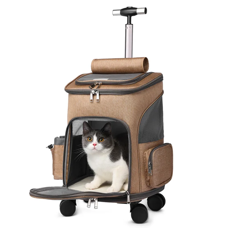 Foldable Cat Carrier Backpack Stroller Pet Suitcase 360 Degree Universal Wheels Side Mesh Dog Trolley Travel Transport Tool