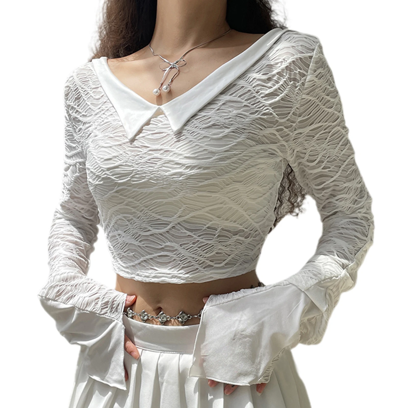 

Женские футболки, модные Лоскутные укороченные топы с длинным рукавом и V-образным вырезом, повседневные футболки для девочек Y2K, уличная од...