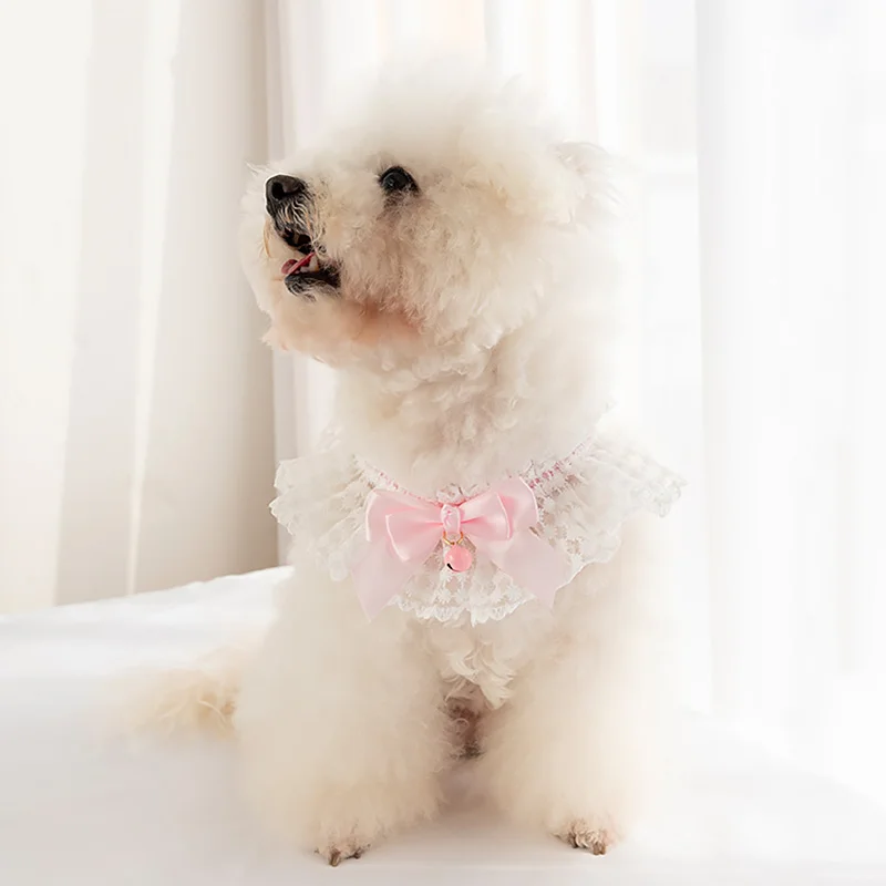 

Cute Bowknot Pet Collar With Bell White Lace Bibs Cute Pet Collar Bib Lovely Dog Cat Necklace Decor Collars For Small Dog