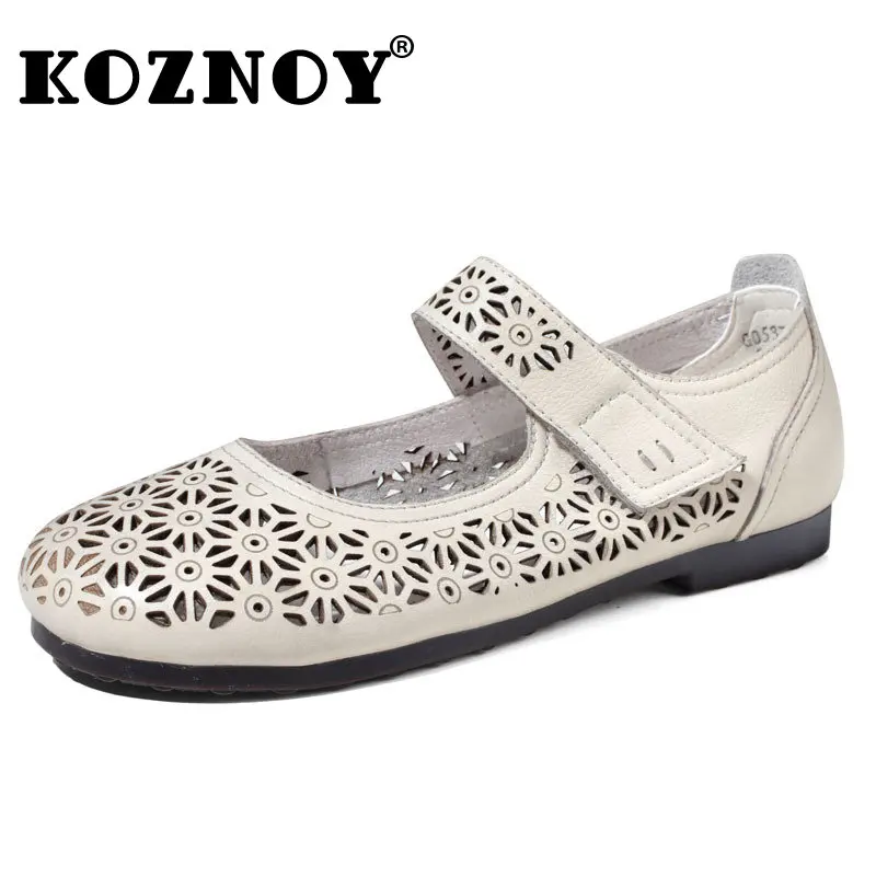 

Koznoy 3cm Cow Genuine Leather Summer Casual Women Flats Ethnic Oxfords Hollow Breathable Look Sandals Comfy Soft Soled Shoes