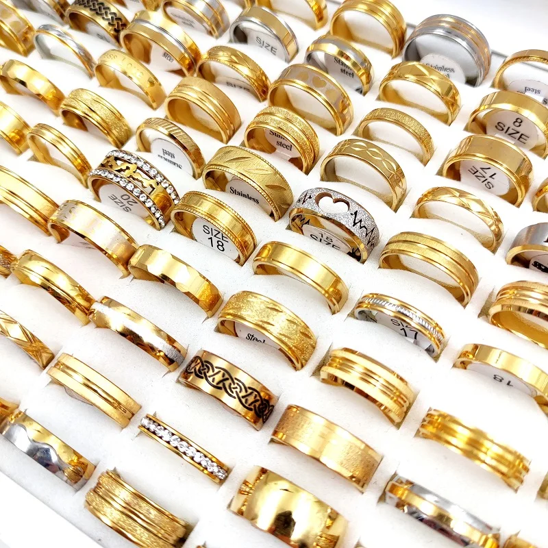

10Pcs/Lot Trendy Gold Colour Stainless Steel Rings for Men and Women Wholesale Mix Exquisite Ring Charm Anniversary Jewelry Gift