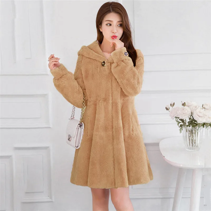 Faux Fur Coat Women Black 10 Colors Hooded Rabbit Fur Jacket 2021 Autumn Winter Christmas Red Parka Thick Jacket Warmth Clothing
