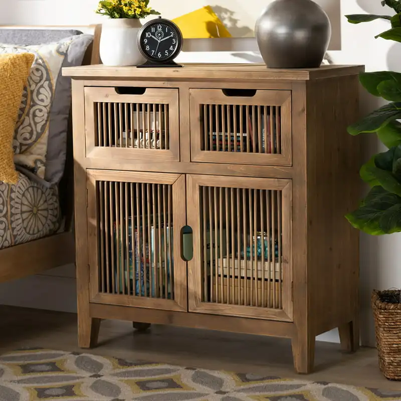 

Clement Rustic Transitional Medium Oak Finished 2-Door and 2-Drawer Wood Spindle Storage Cabinet